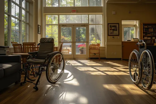 Salon accessible aménagé pour faciliter la circulation et garantir un déplacement sans obstacle au quotidien.