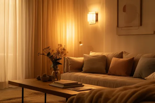 Un salon mis en valeur par une lumière tamisée, créant une atmosphère relaxante et chaleureuse.