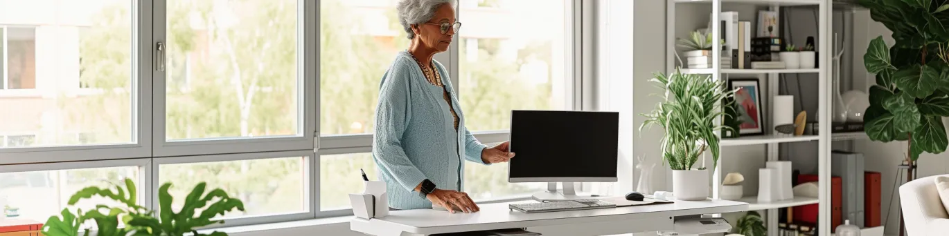 Bureau assis-debout électrique adapté aux seniors pour améliorer l’ergonomie et le bien-être au travail.