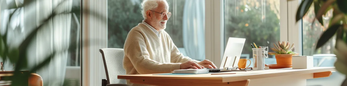 Bureau assis-debout ergonomique senior pour améliorer le confort et la productivité en télétravail.