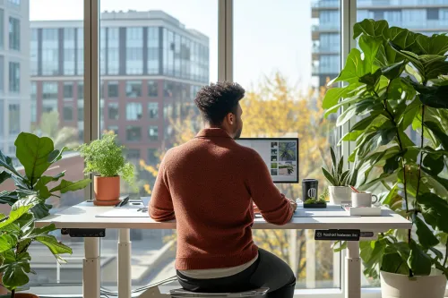 Un enseignant utilise un bureau assis-debout électrique ajustable pour améliorer sa posture en classe.